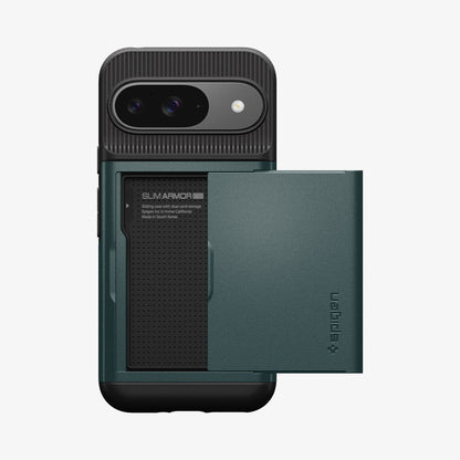 ACS07696 - Pixel 9 Pro Case Slim Armor CS in Abyss Green showing the back, and card slider open