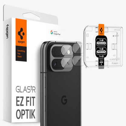 AGL09107 - Pixel 9 Pro Fold Optik EZ Fit Lens Protector in Crystal Clear showing the installation tray hovering in front of the lens protector and the device, behind it, is the packaging