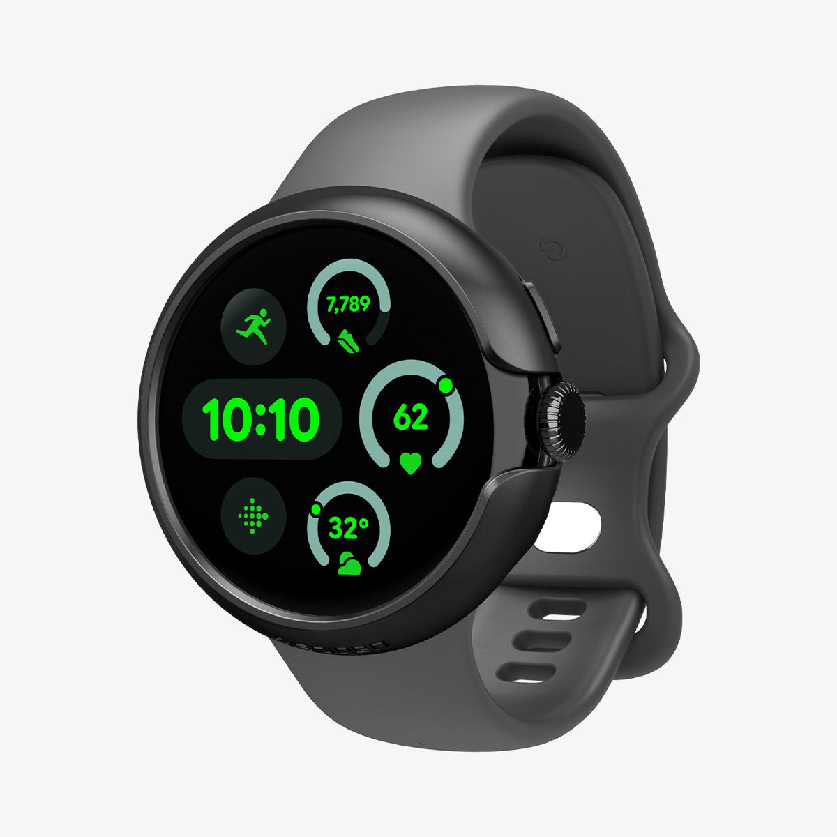 ACS07392 - Pixel Watch 3 (41mm) Case Thin Fit in Black showing the front, installed on a watch