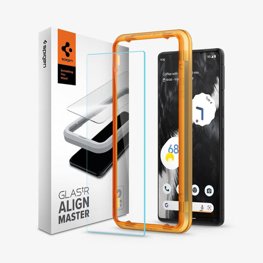 AGL05199 - Pixel 7 Screen Protector AlignMaster GLAS.tR showing the device, alignmaster tray, two screen protectors and packaging