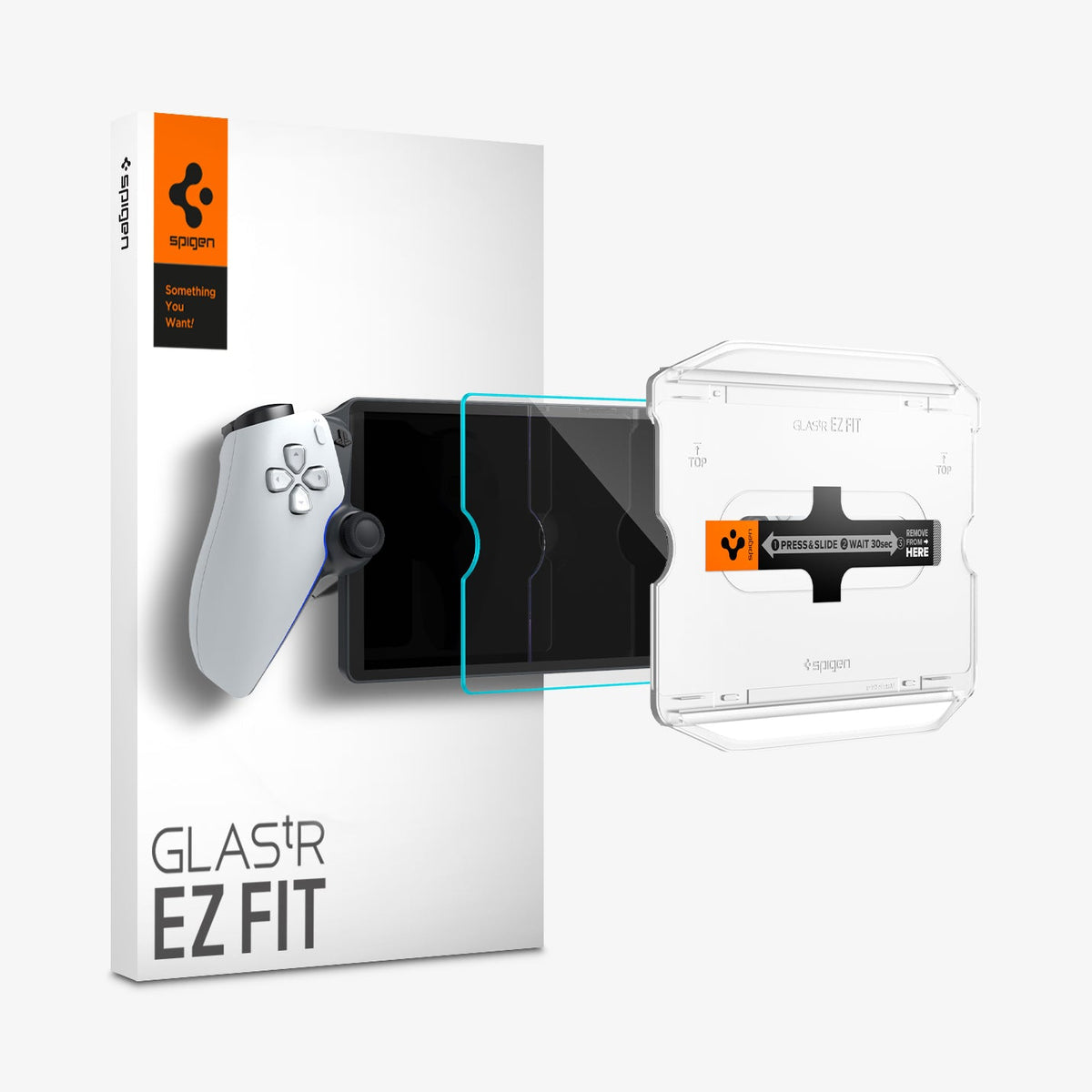 AGL07183 - Playstation Series GLAS.tR EZ Fit showing the installation tray hovering the glass protector, the device and box