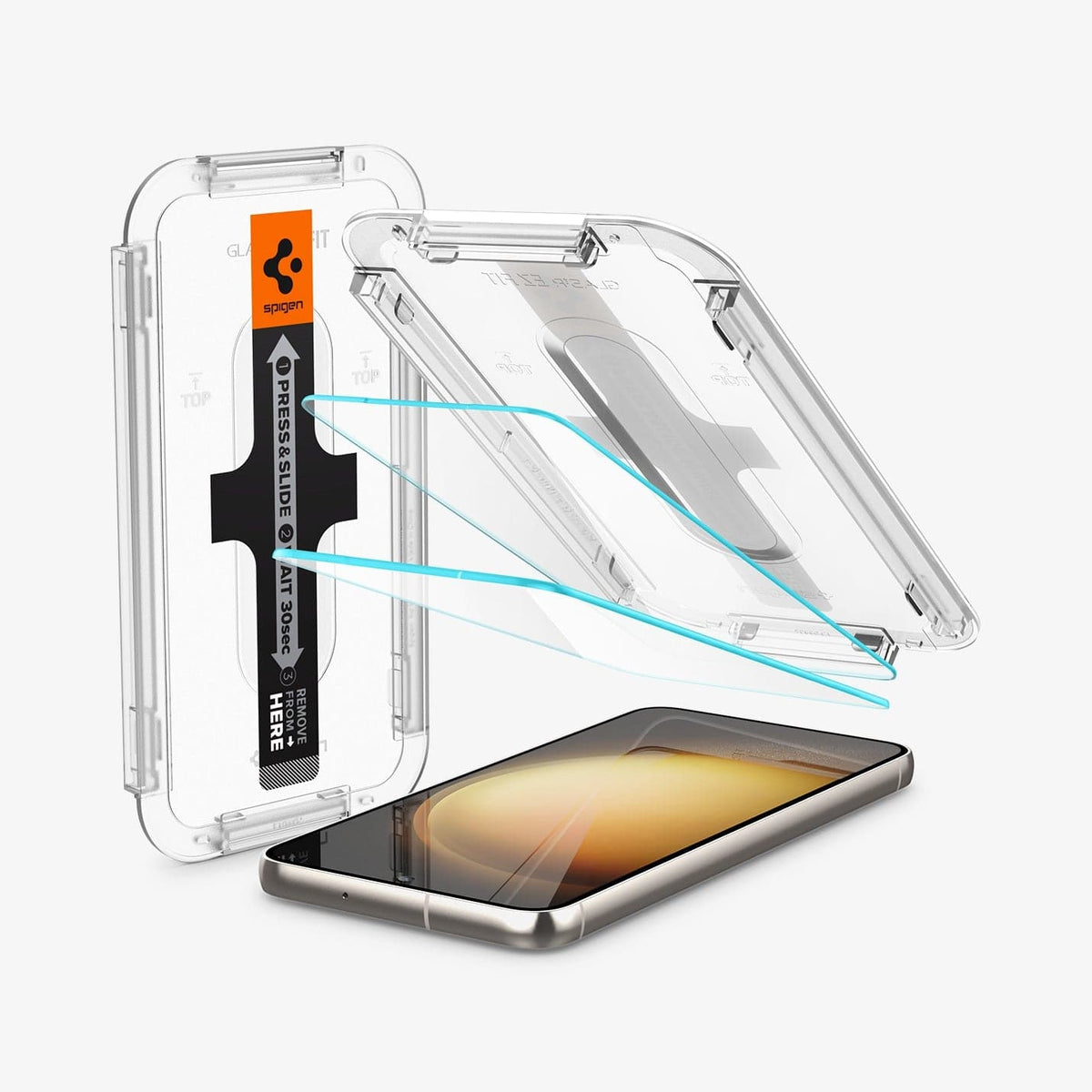 AGL05958 - Galaxy S23 EZ FIT GLAS.tR Screen Protector showing the device, two screen protectors and ez fit tray