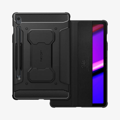 ACS06857 - Galaxy Tab S9 FE Case Rugged Armor Pro in black showing the back and front with cover flap slightly open