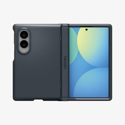 ACS11558 - Galaxy Z Fold 8 Slim Armor Pro (Mag Fit) Metal Slate showing the Galaxy Z Fold 8 with the Slim Armor Pro MagFit case in Metal Slate, back view folded open with the matte panel and dual camera cutout, screen displaying a blue and yellow gradient.